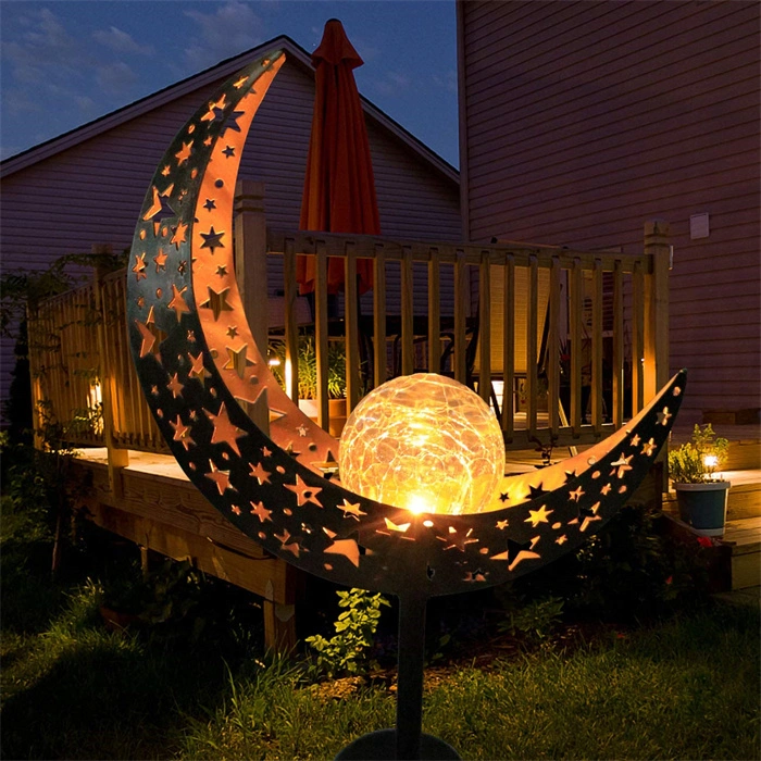 Solar Lights Outdoor Iron Crackle Glass Ball Moon Solar Outdoor Light Crescent Warm Waterproof Solar Stake Lights